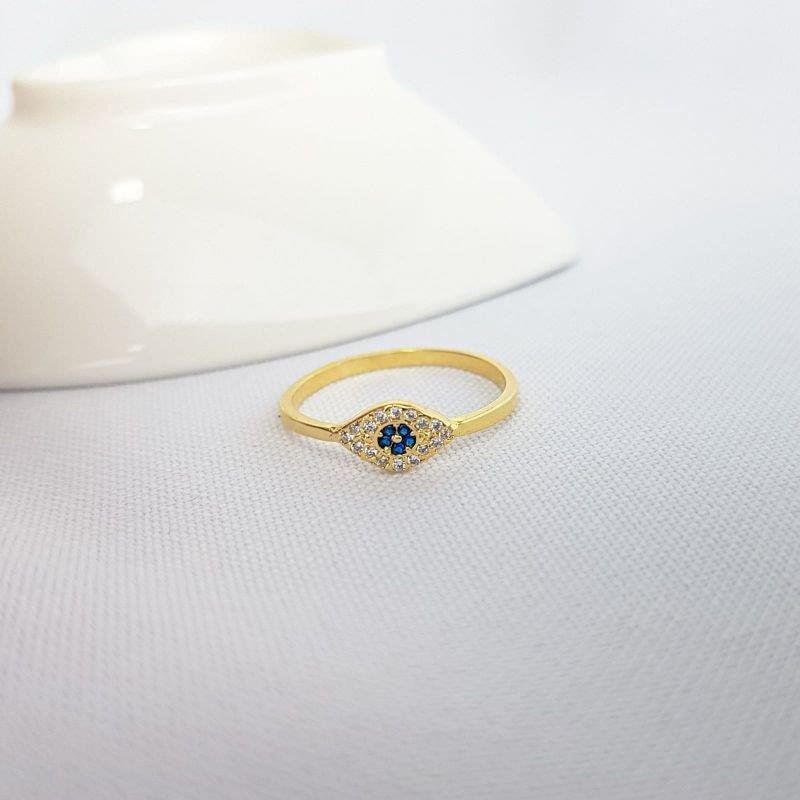 ANEL OLHO GREGO CRAV CRISTAL E AZUL | BANHADO EM OURO 18K