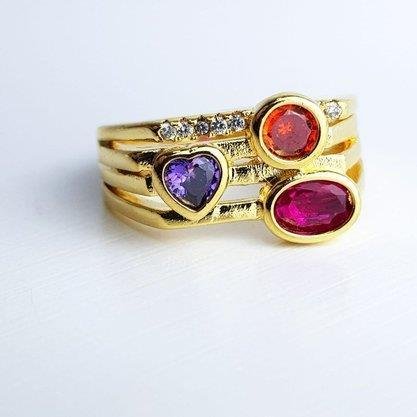 ANEL QUADRADO 4 FILETE CRAV/LISO E ZIRC COLOR | BANHADO EM OURO 18K