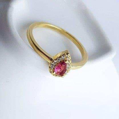 ANEL PEDRA GOTA VERMELHA CORNALINA 5MM CRAV| BANHADO EM OURO 18K
