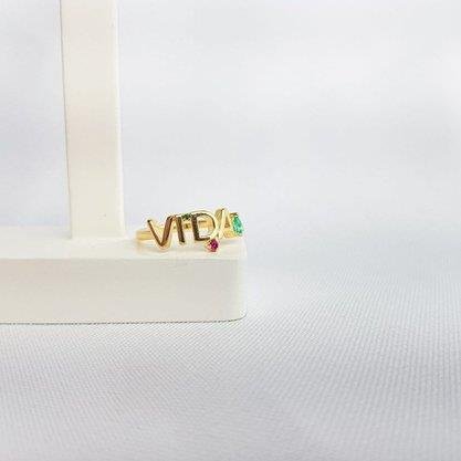 ANEL ESCRITO VIDA 1 PEDRINHA ROSA E 2 AZUIS| BANHADO EM OURO 18K