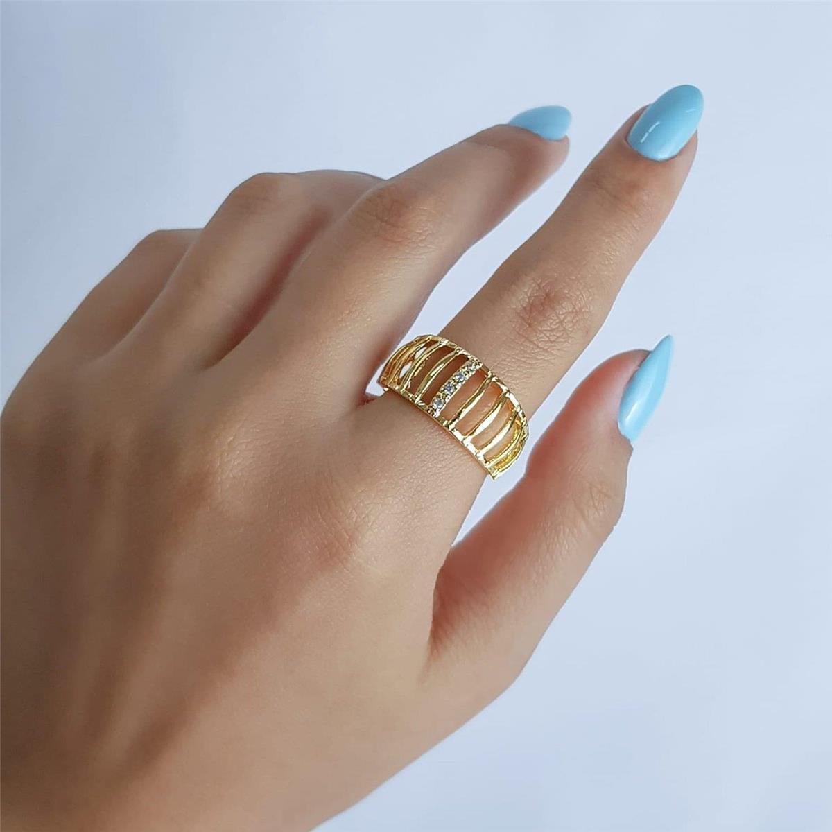 ANEL FRENTE ABERTA C/ FILETES DOURADO 1 CRAV | BANHADO EM OURO 18K