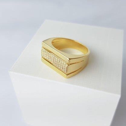 ANEL QUADRADO 2 CHAPAS LISAS E 1 CRAV MEIO | OURO 18K ECOMM