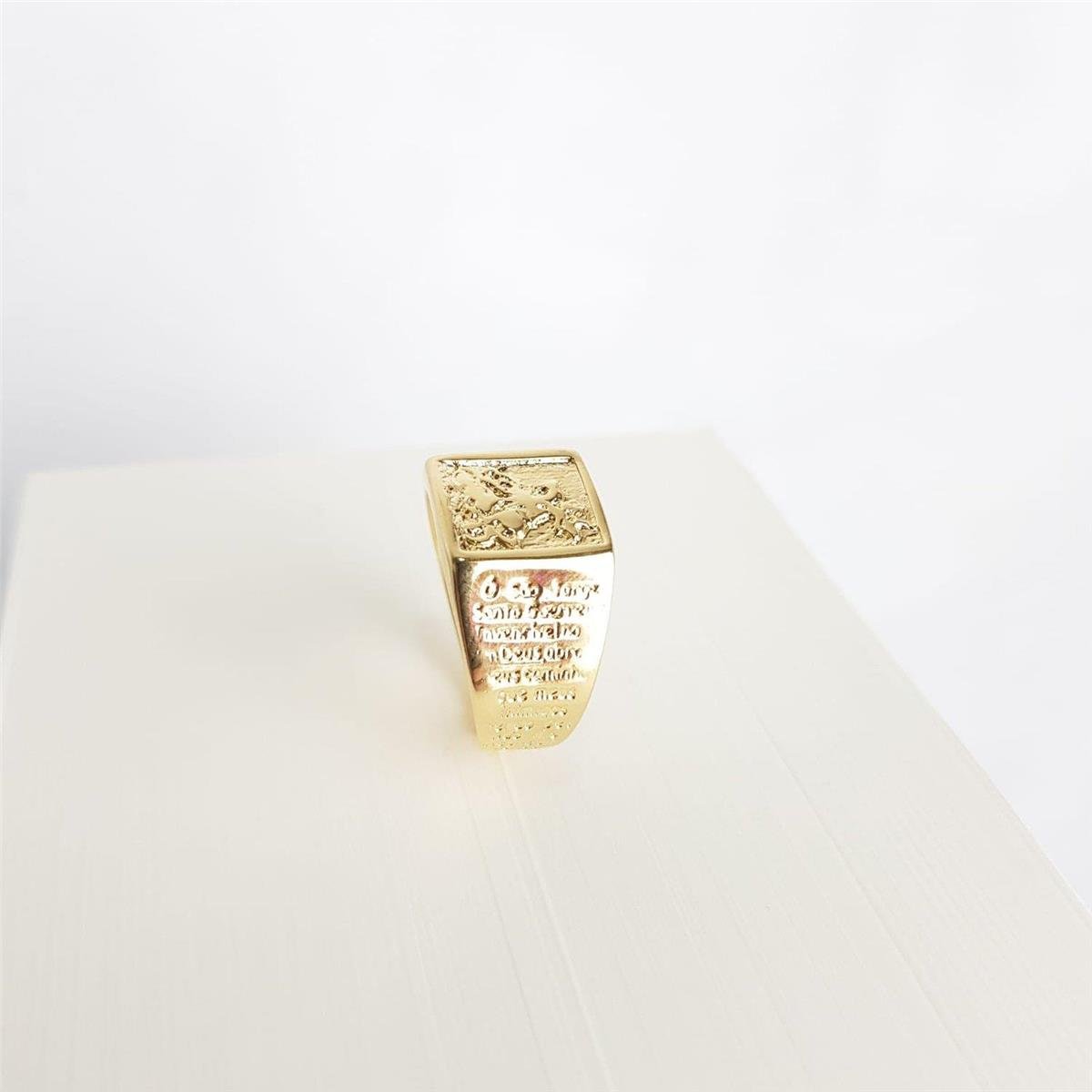 ANEL MASCULINO SAO JORGE COM ORACAO LATERAL| BANHADO EM OURO 18K