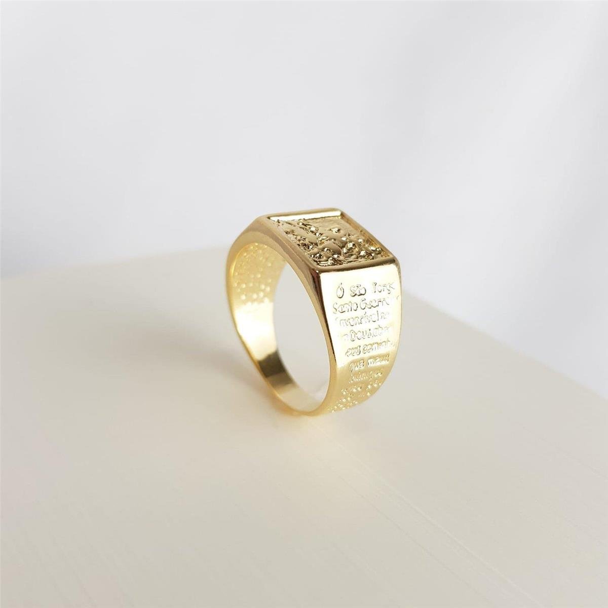 ANEL MASCULINO SAO JORGE COM ORACAO LATERAL| BANHADO EM OURO 18K