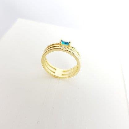 ANEL ARO TRIPLO ZIRC RETANG AZUL CLARO| BANHADO EM OURO 18K