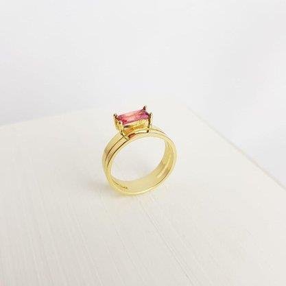 ANEL ARO DUPLO 1ZIRC RETANGULAR VERMELHO| BANHADO EM OURO 18K