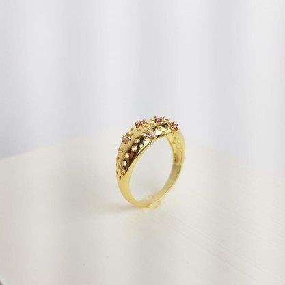 ANEL BALOADO VAZADO EM FORMATOS E ZIRC ROSA| BANHADO EM OURO 18K