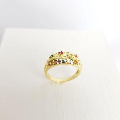 ANEL BALOADO VAZADO EM FORMATOS E ZIRC COLOR | BANHADO EM OURO 18K