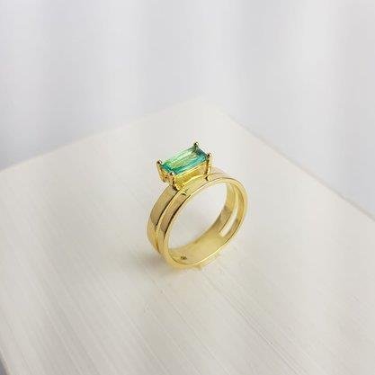 ANEL ARO DUPLO 1ZIRC RETANGULAR VERDE AGUA | BANHADO EM OURO 18K