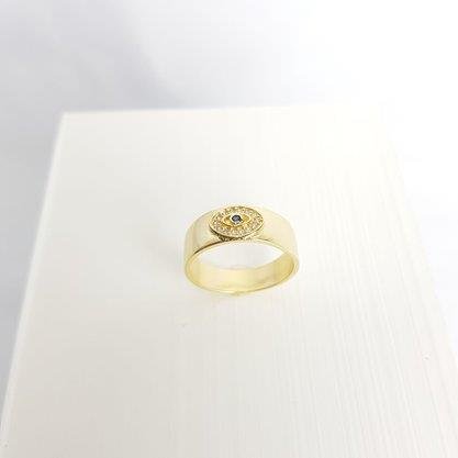 ANEL LISO OLHO GREGO CRAV E ZIRC AZUL | BANHADO EM OURO 18K