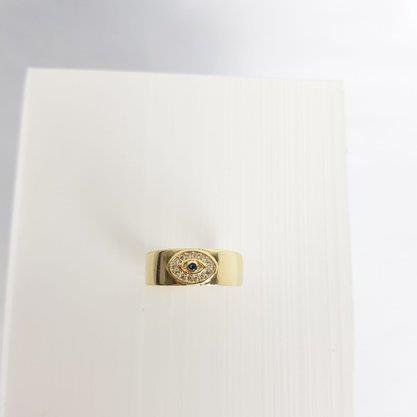 ANEL LISO OLHO GREGO CRAV E ZIRC AZUL | BANHADO EM OURO 18K