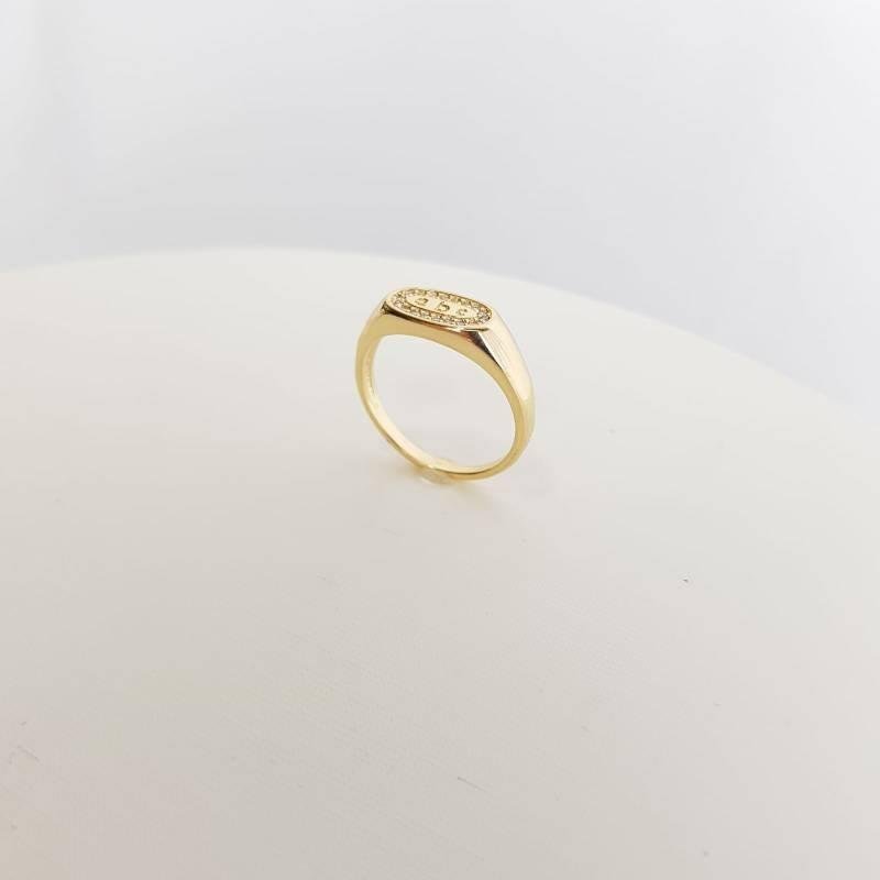 ANEL BASE OVAL ESCRITO A B C LISO E CRAV| BANHADO EM OURO 18K