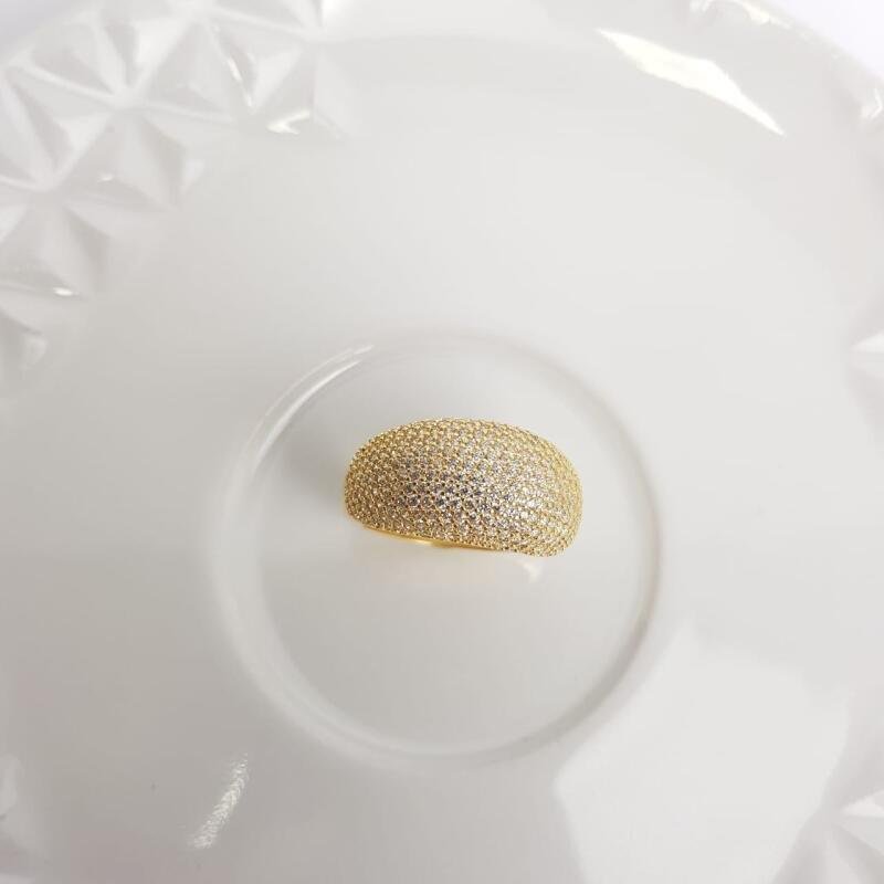ANEL BALOADO ALTO MICROCRAV CRISTAL| BANHADO EM OURO 18K