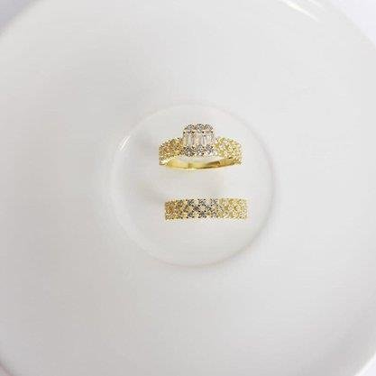 ANEL DUPLO ARO ZIRC CHUVEIRINHOBAGUETE| BANHADO EM OURO 18K