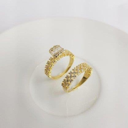 ANEL DUPLO ARO ZIRC CHUVEIRINHOBAGUETE| BANHADO EM OURO 18K
