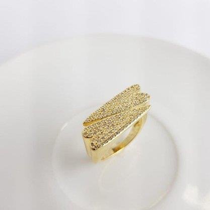 ANEL FRENTE DUPLO CORACAO ALONGADO E CRAV | BANHADO EM OURO 18K