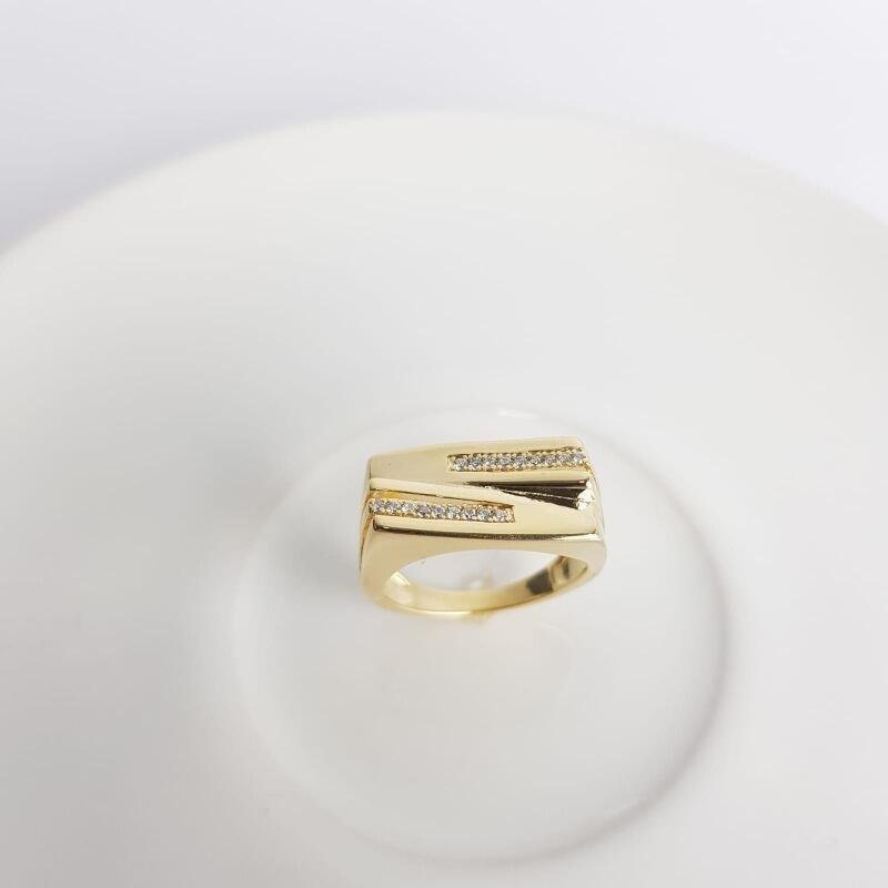 ANEL PEQU. LISO FRENTE LINHAS ENTRELA. FILETE CRAV| BANHADO EM OURO 18K