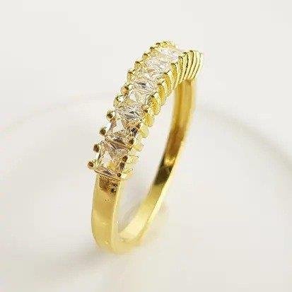 ANEL MEIA ALIANCA 7 QUADRADOS CRISTAIS| BANHADO EM OURO 18K