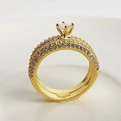 ANEL SOLITARIO/MEIA ALIANCA ARO CRAV PTO LUZ CRISTAL| BANHADO EM OURO 18K
