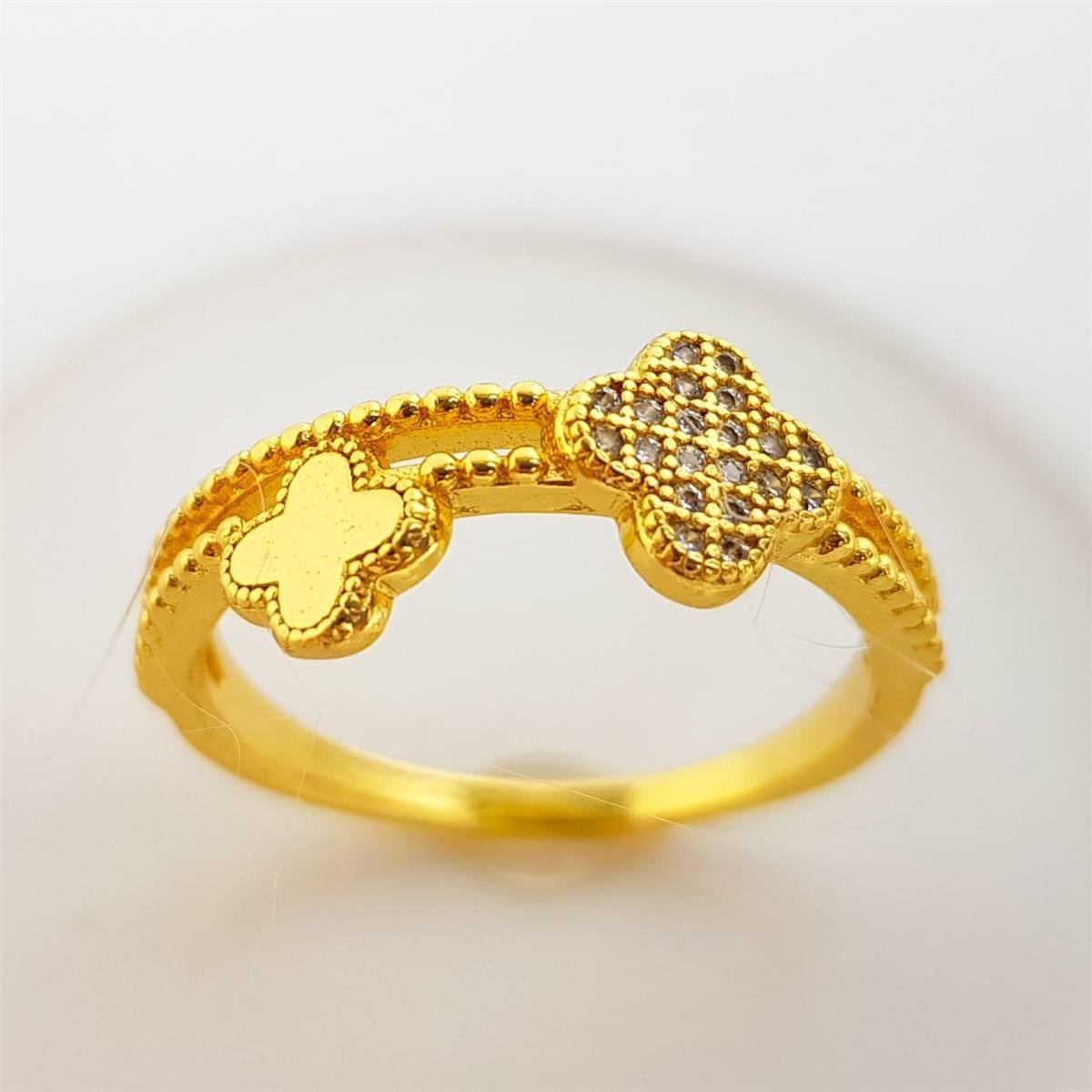 ANEL ARO DUPLO PONTILHADO TREVO CRAVEJADO LISO|BANHADO EM OURO 18K 