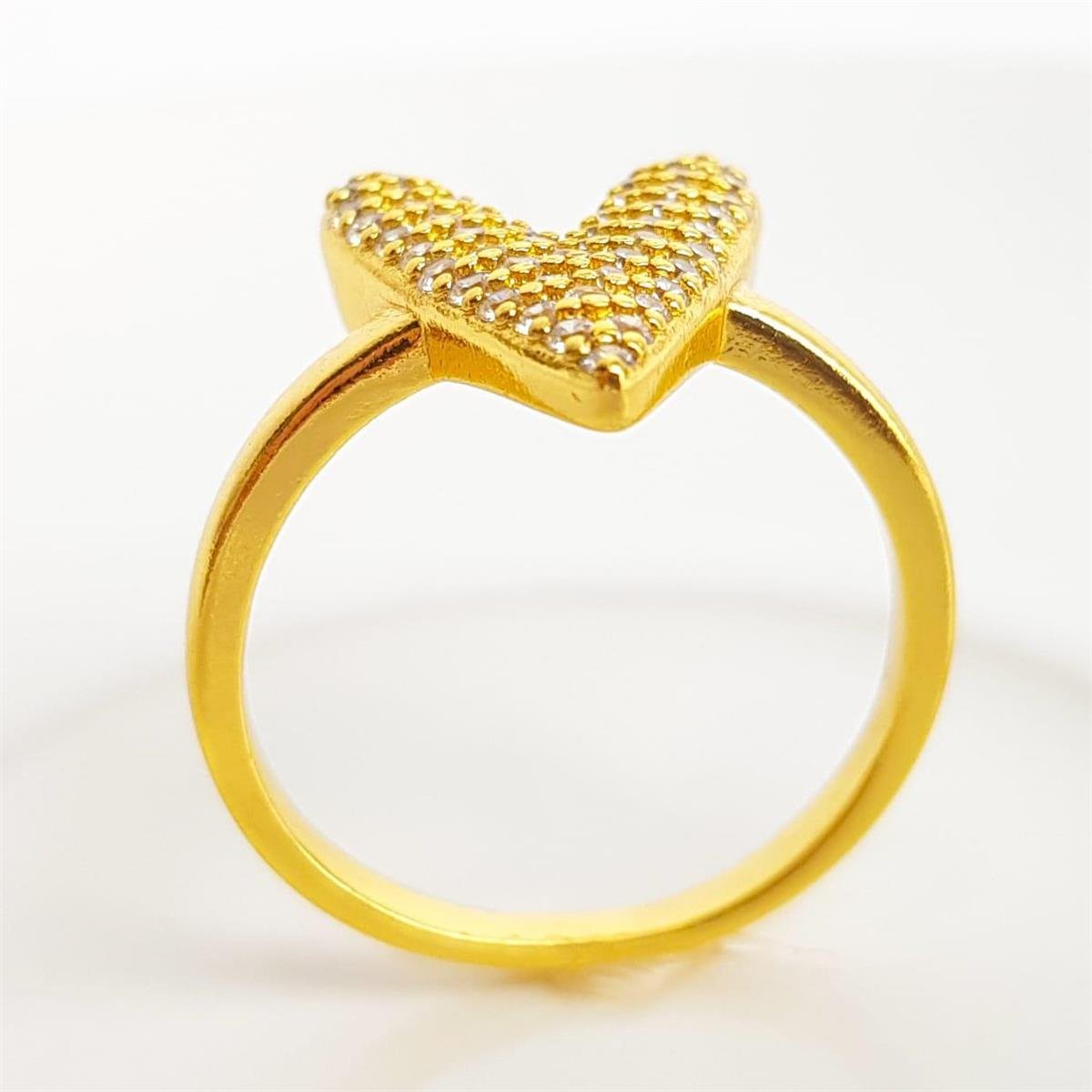 ANEL ARO LISO CORAÇÃO ALONGADO CRAVEJADO | BANHADO EM OURO 18K 