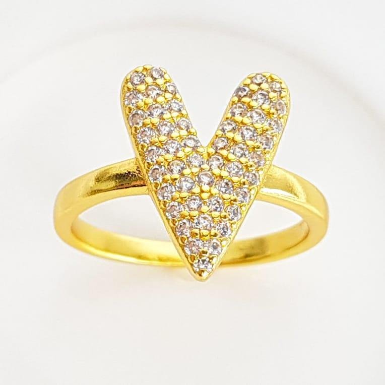 ANEL ARO LISO CORAÇÃO ALONGADO CRAVEJADO | BANHADO EM OURO 18K 