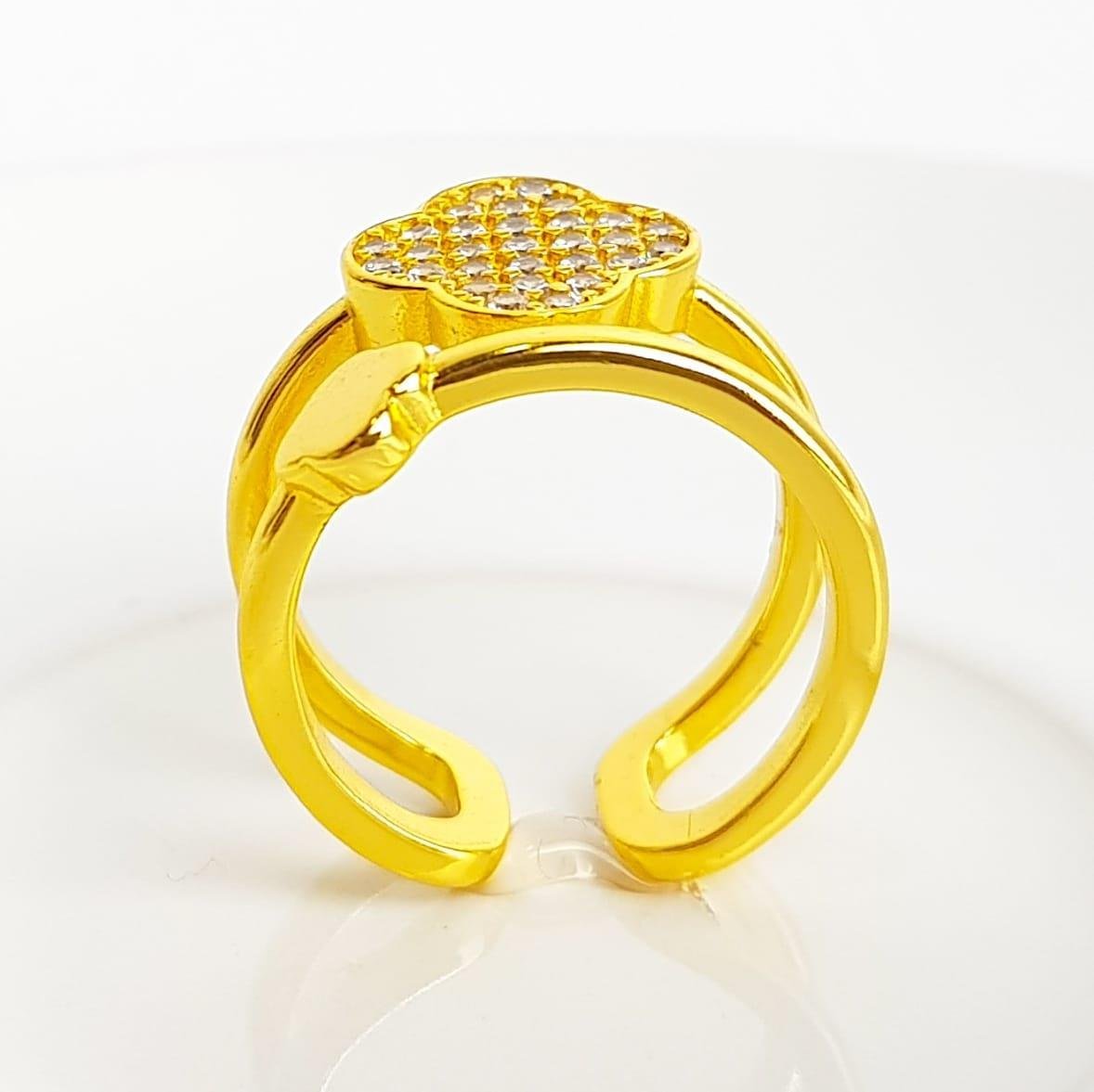 ANEL REGULÁVEL ARO DUPLO TREVO LISO MAIOR CRAVEJADO | BANHADO EM OURO 18K 