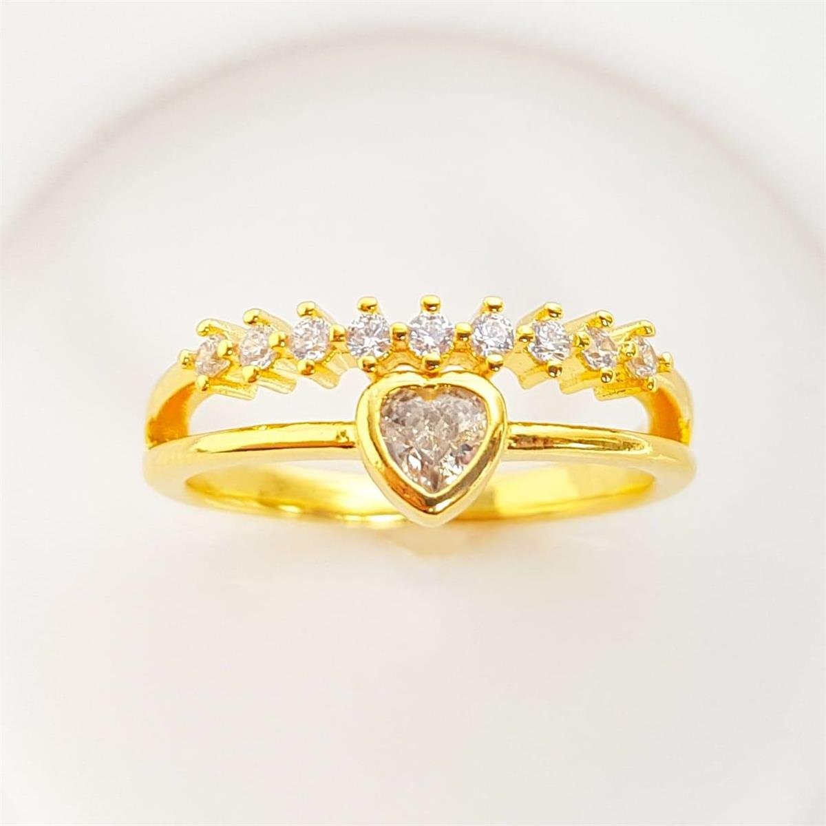 ANEL ARO DUPLO ZIRCÔNIA LISO COM CORAÇÃO CRISTAL |BANHADO EM OURO 18K 