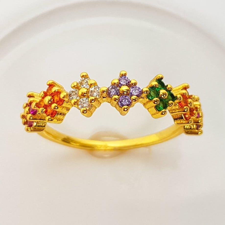 ANEL 7 FLORES EM ZIRCÔNIAS COLORIDAS | BANHADO EM OURO 18K 