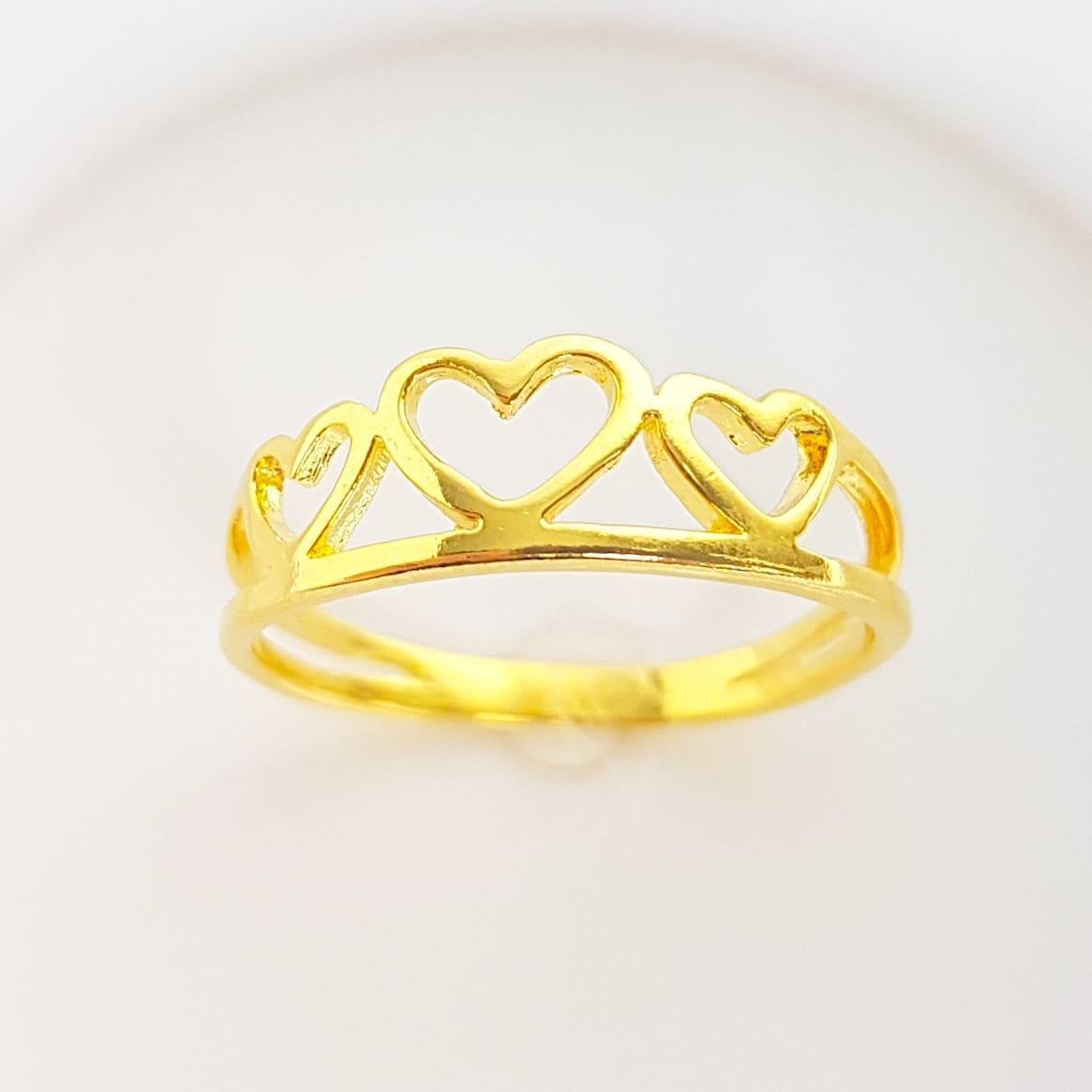 ANEL DUPLO FILETE 3 CORAÇÕES VAZADOS LISOS | BANHADO EM OURO 18K 