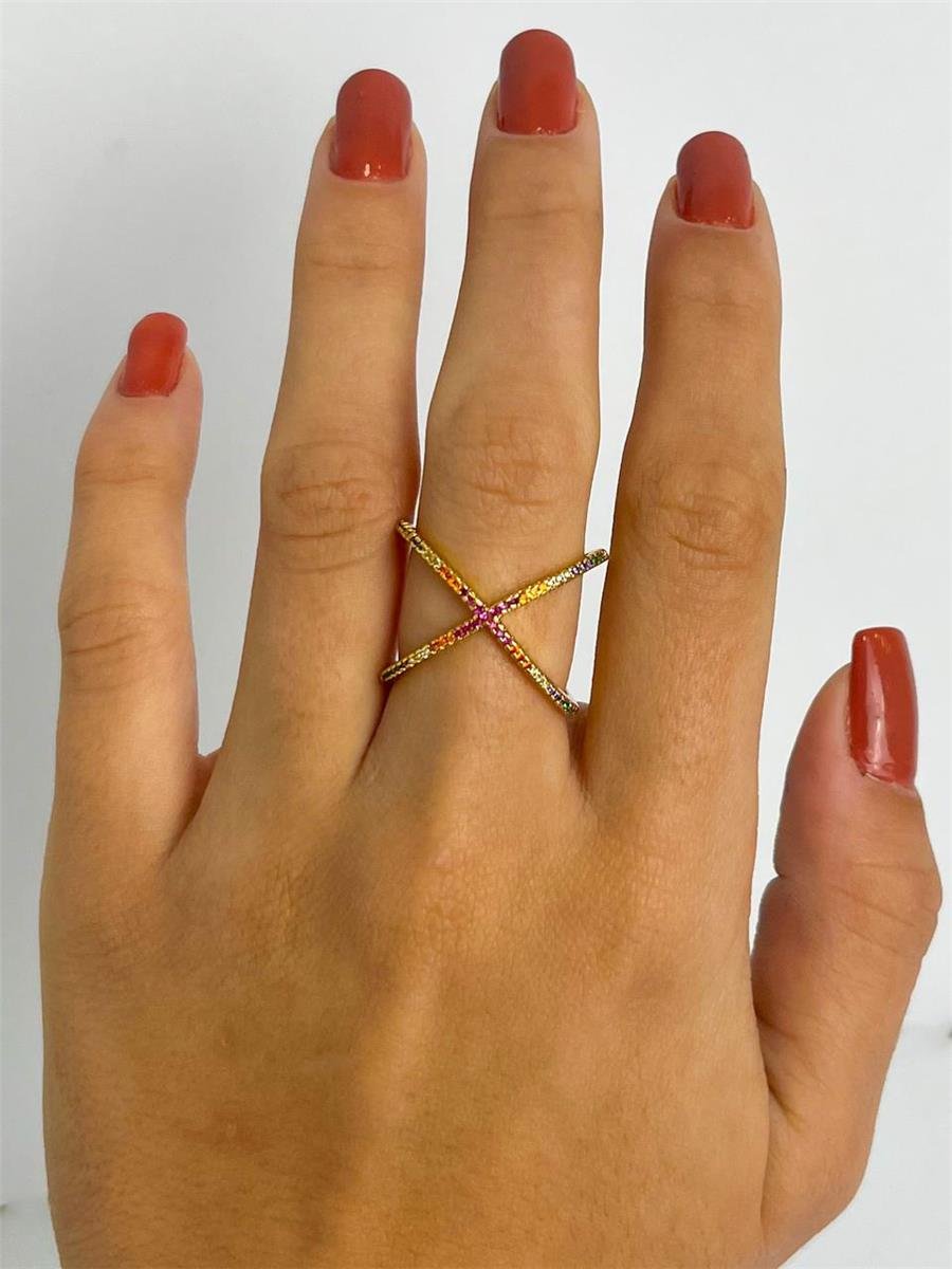 ANEL ARO EM X CRAVEJADO EM ZIRCÔNIAS COLORIDAS | BANHADO EM OURO 18K