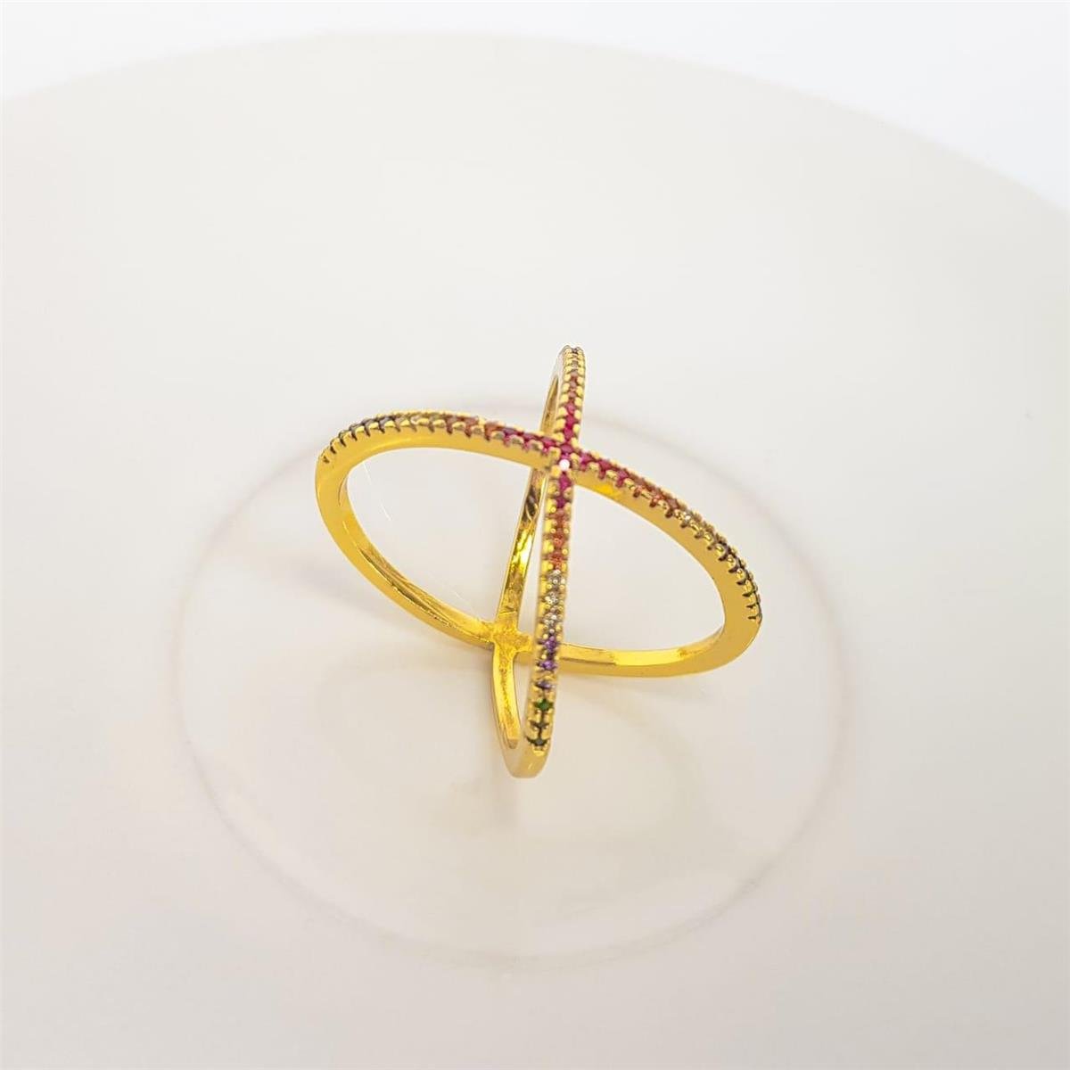ANEL ARO EM X CRAVEJADO EM ZIRCÔNIAS COLORIDAS | BANHADO EM OURO 18K