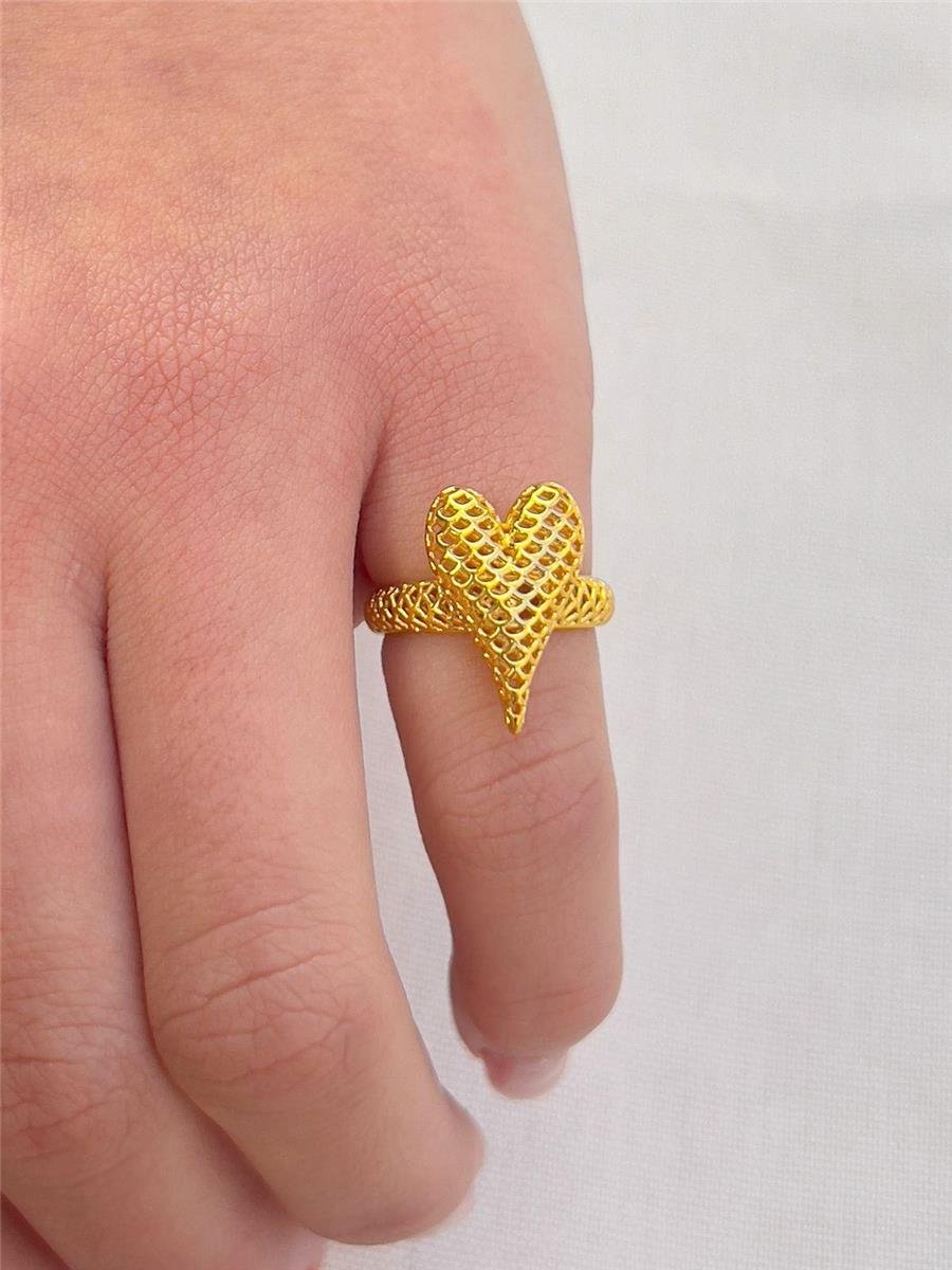 ANEL ARO LISO FRENTE CORAÇÃO ESCAMA VAZADO | BANHADO EM OURO 18K