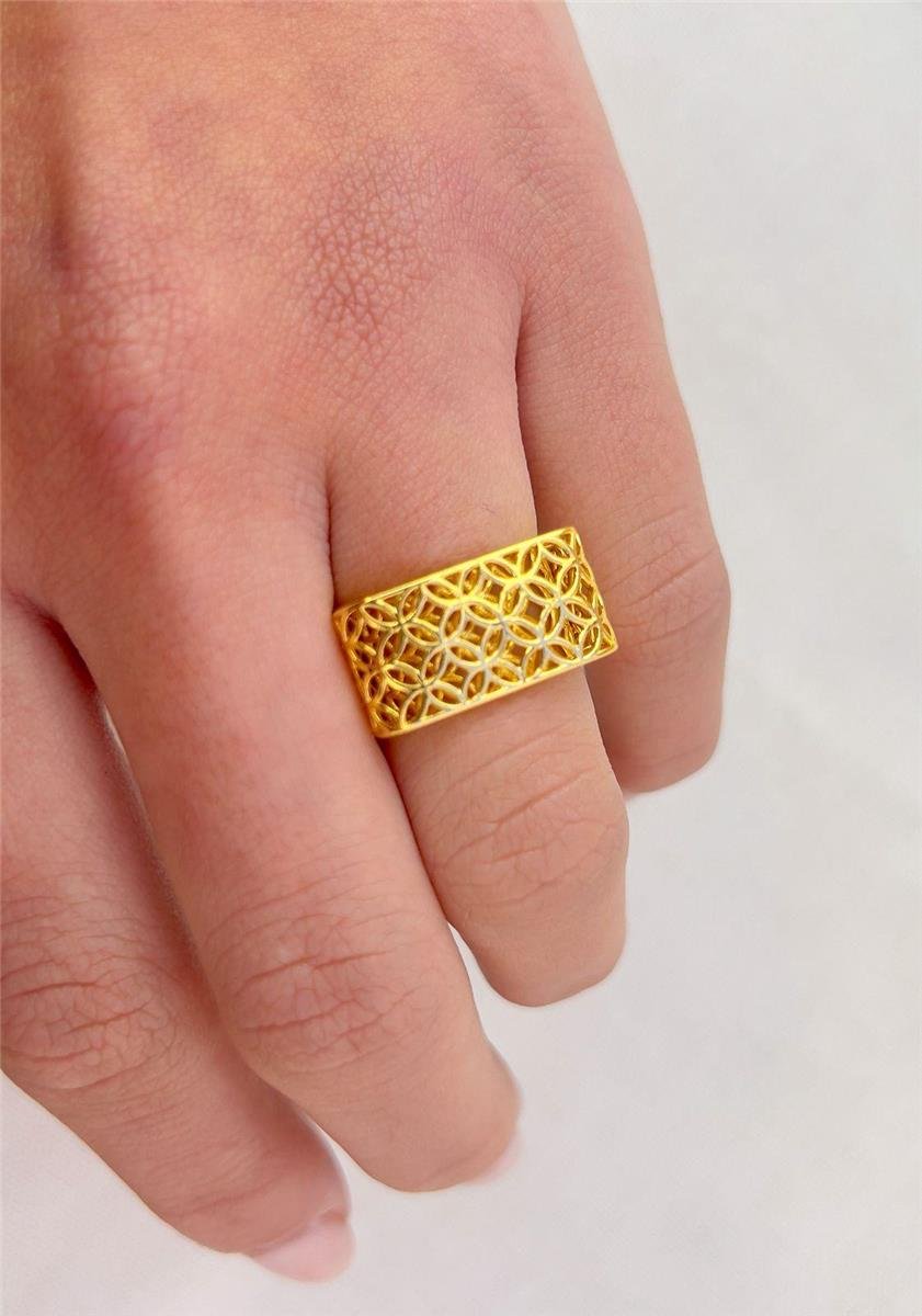 ANEL ARO LISO QUADRADO GRADE FLOR VAZADO | BANHADO EM OURO 18K 