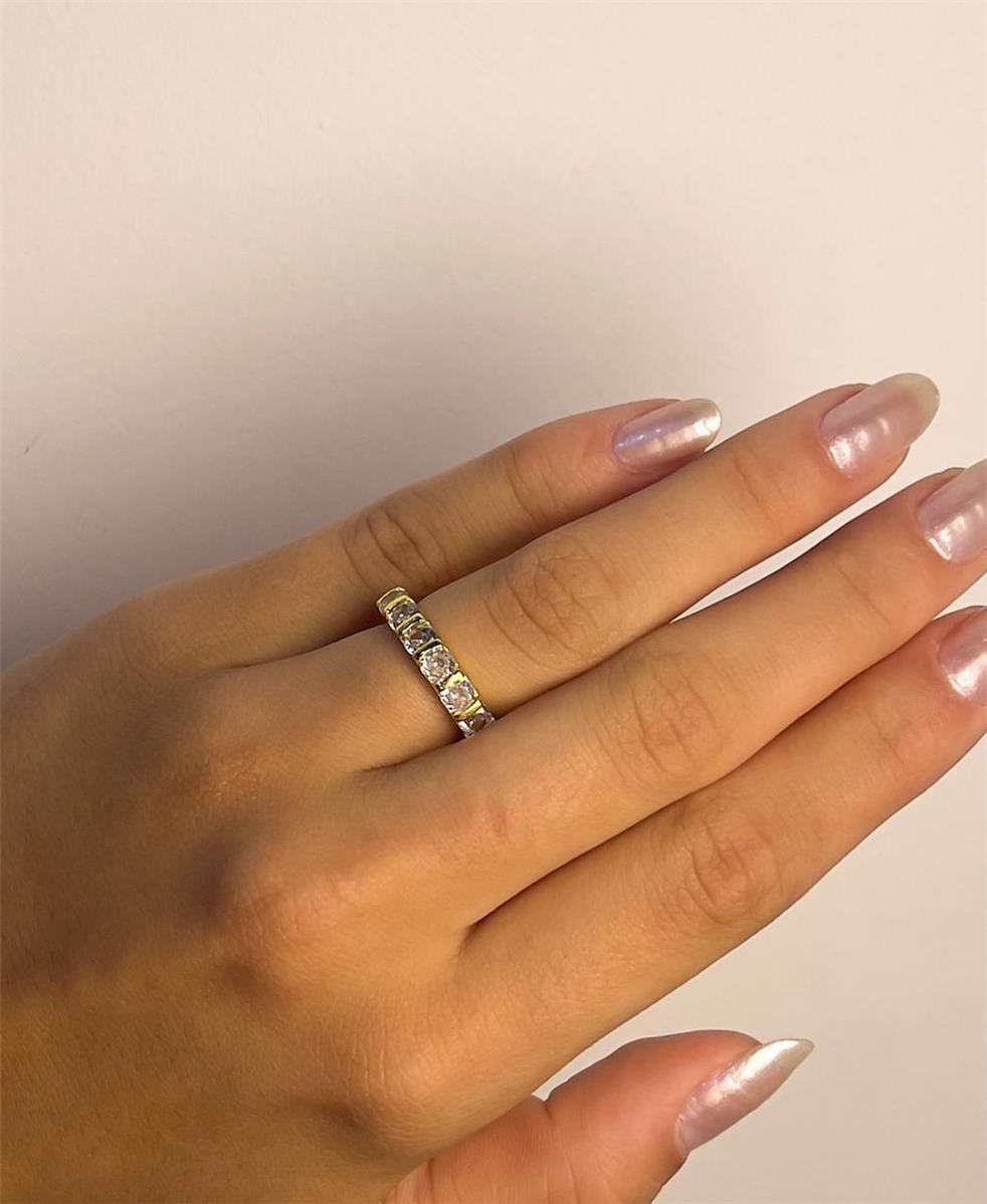 ANEL RIVIEIRA INTERCALADO COM FILETE LISO /ZIRCÔNIA CRISTAL | BANHADO EM OURO 18K