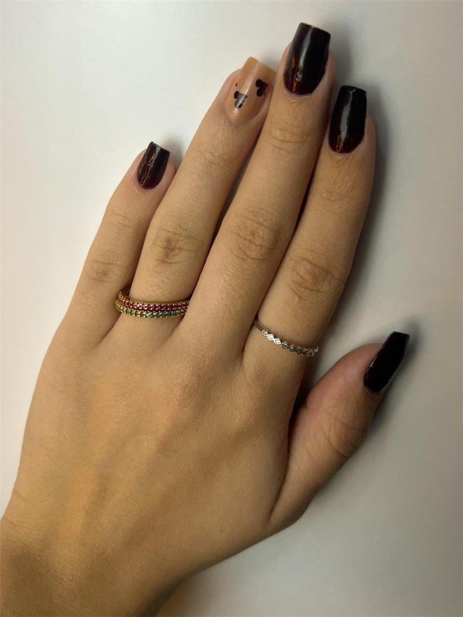 ANEL DUPLO ARO LISO FRENTE CRAVEJADO ROSA/VERDE | BANHADO EM OURO 18K