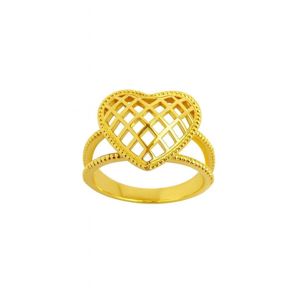 ANEL ARO DUPLO EM MINI ESFERAS LISAS FRENTE CORAÇÃO GRADE VAZADO ARO LISO | BANHADO EM OURO 18K