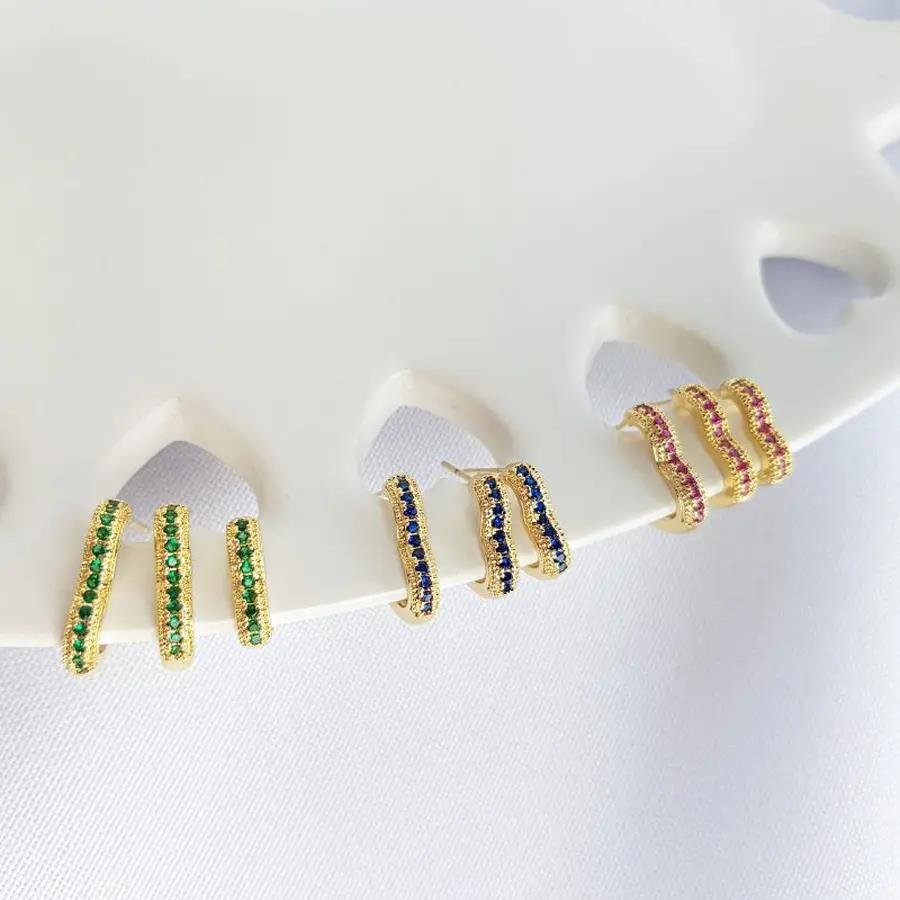 TRIO ARGOLA CORACAO DETALHE ZIRC ROSA E VERDE AZU