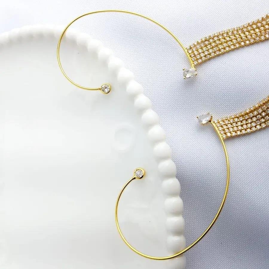 BRINCO EARCUFF FRANJA RIVEIRA CRISTAL FINA|12CM|BANHADO EM OURO 18K