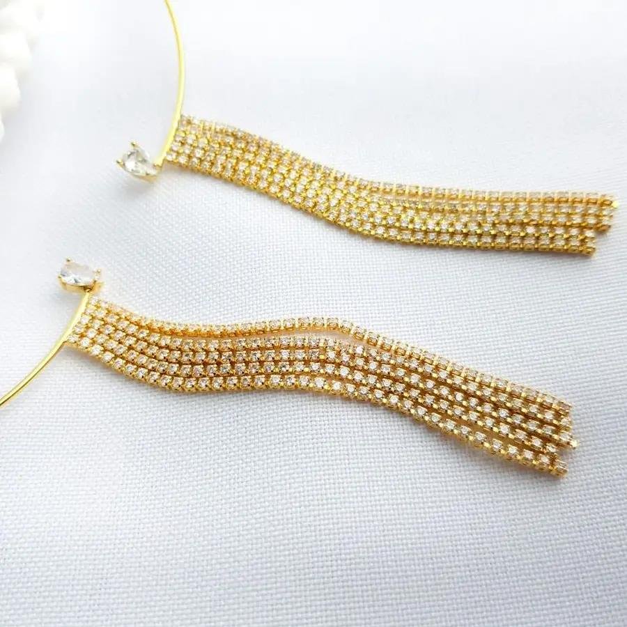 BRINCO EARCUFF FRANJA RIVEIRA CRISTAL FINA|12CM|BANHADO EM OURO 18K