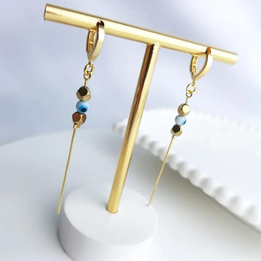 ARGOLA GOTA 2 HEMATITAS/OLHO GREGO PENDENTE VENEZ|6CM| BANHADO EM OURO 18K