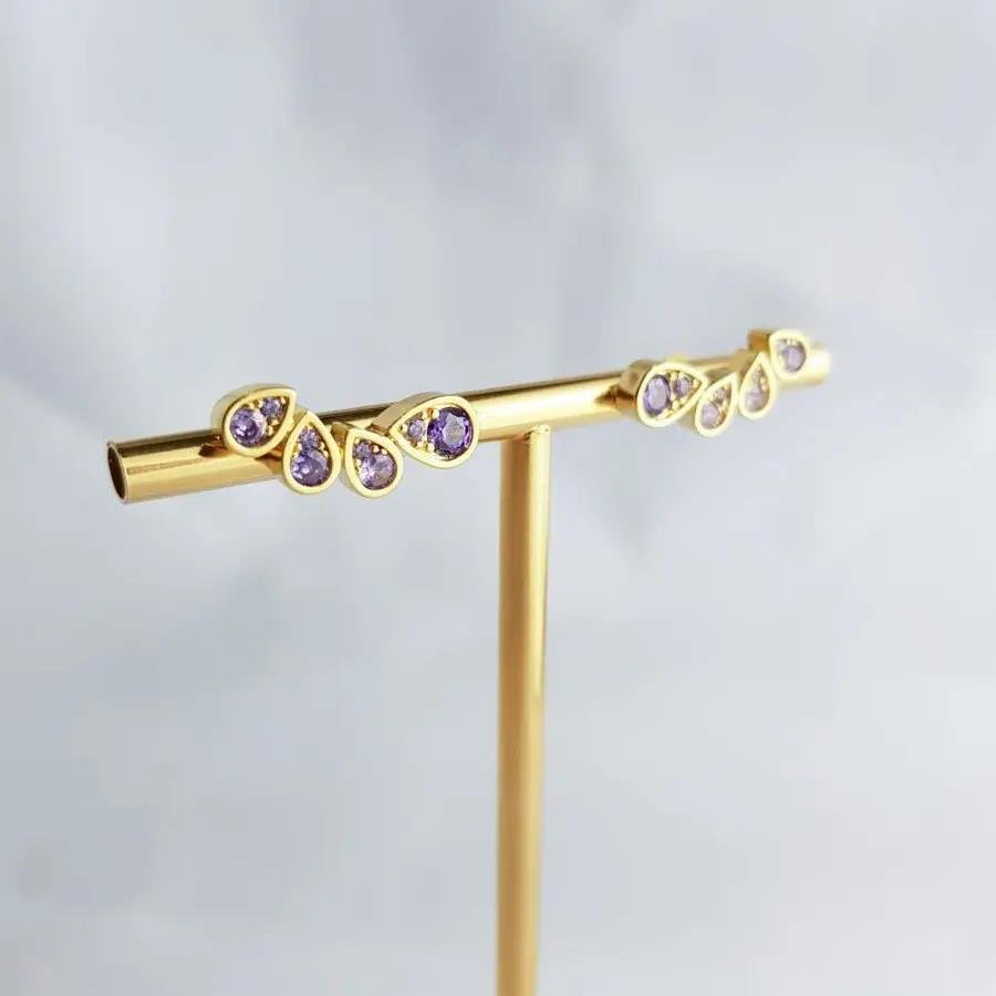 BRINCO EAR CUFF DE GOTAS C/ ZIRC LILAS|1,9CM|BANHADO EM OURO 18K