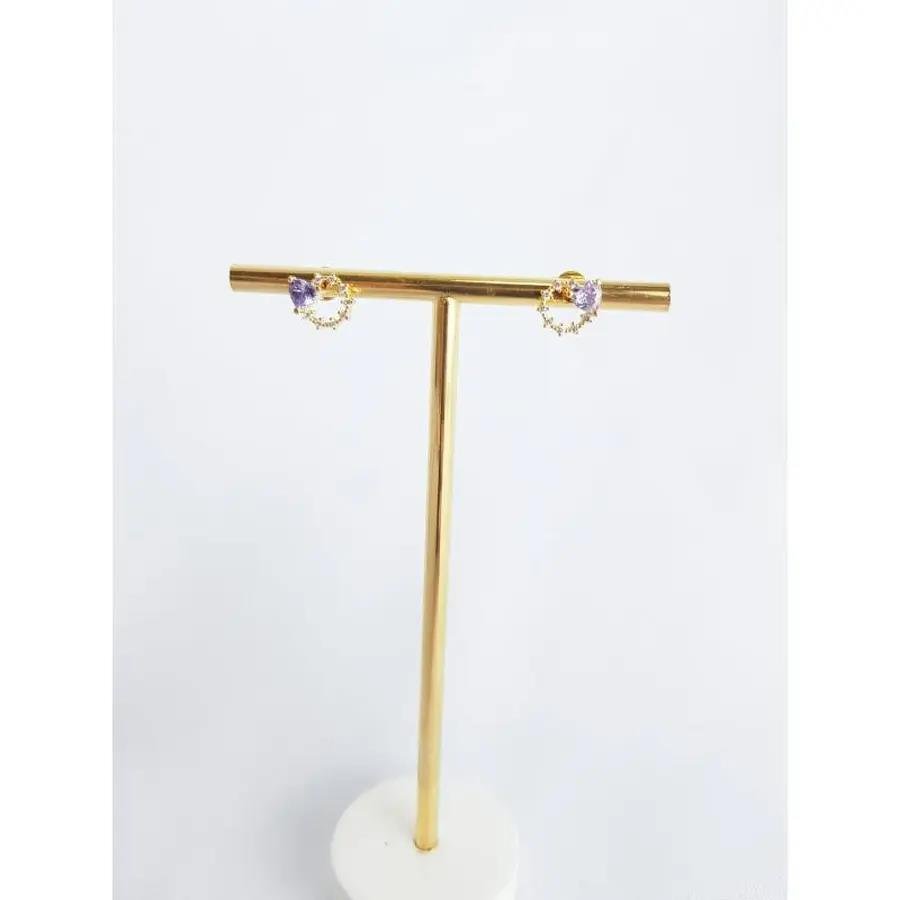 BRINCO CIRCULO CRAVEJADO C/ ZIRC CORACAO LILAS|BANHADO EM OURO 18K