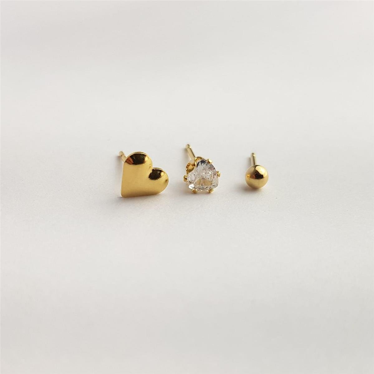 TRIO CORAÇÃO LISO / CORAÇÃO CRISTAL / ESFERA LISA 3MM | BANHADO EM OURO 18K