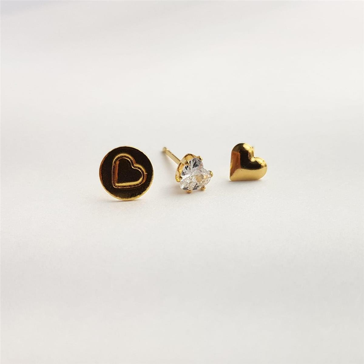 TRIO CHAPA REDONDO CENTRO CORAÇÃO / CORAÇAO LISO / CORAÇÃO CRISTAL 5MM | BANHADO EM OURO 18K