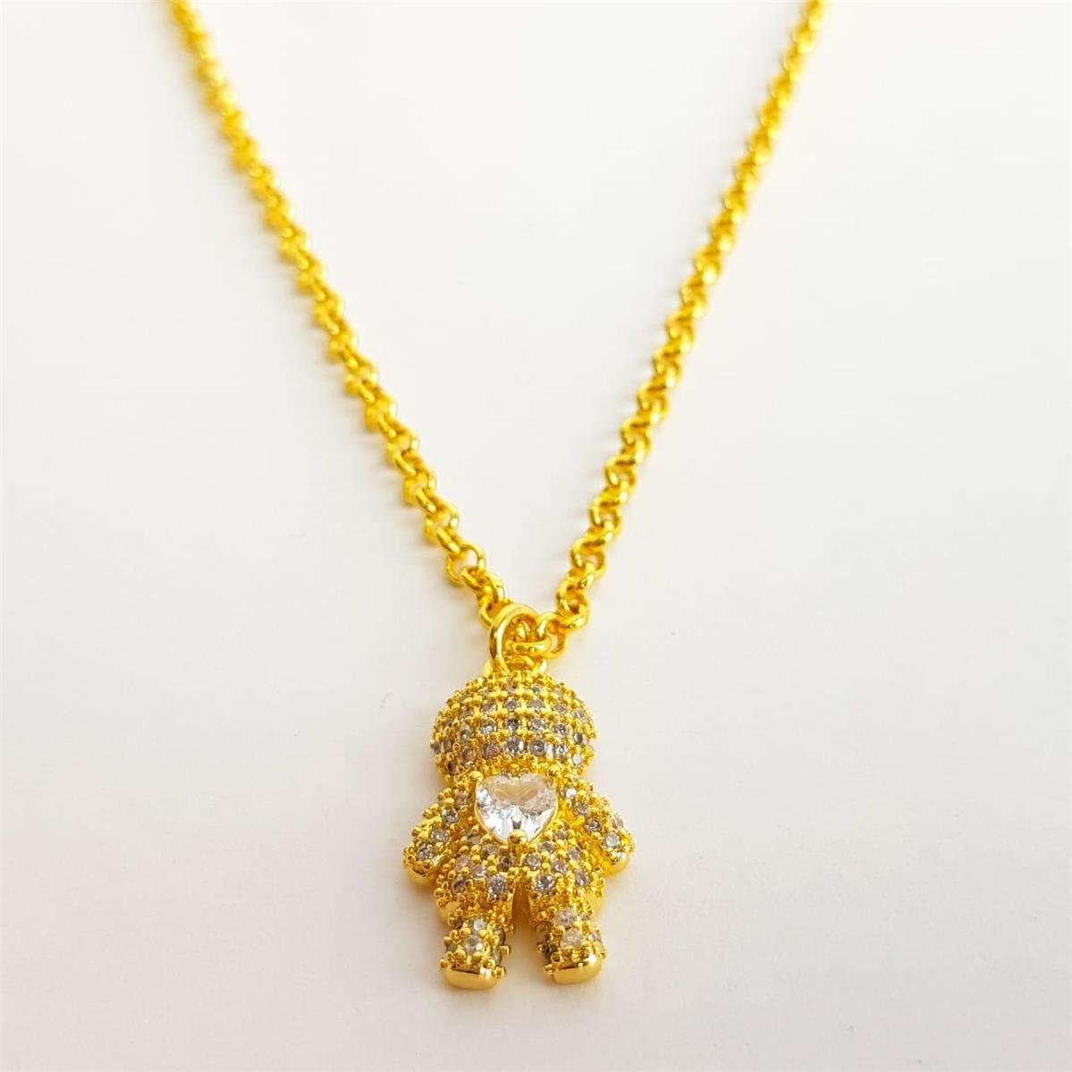 COLAR ELO PORTUGUÊS PINGENTE MENINO CRAVEJADO CORAÇÃO CRISTAL | 40+5CM | BANHADO EM OURO 18K 