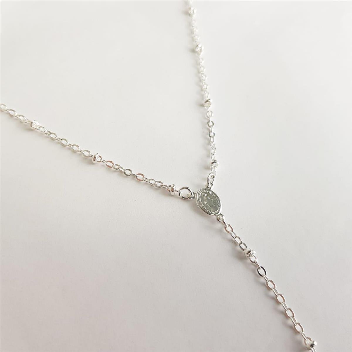 COLAR TERÇO ELO BAILARINA ESFERAS LISA PINGENTE NOSSA SENHORA PENDENTE EM CRUZ | BANHO DE PRATA 