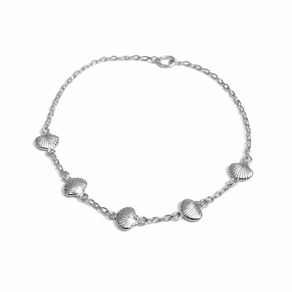 TORNOZELEIRA ELO CADEADO COM 5 CONCHAS LISA | BANHO DE PRATA 